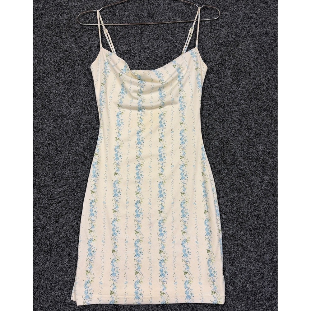 Full Tilt Dress XS Cream Blue Floral Cowl Neck Bodycon Cami Mini Summer
